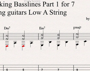 Lección de guitarra de 7 cuerdas: Líneas de bajo en A (partituras y tablaturas)