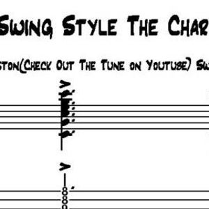 以下が含まれることがあります： ロン・ジャクソンによる「COMPING SWING STYLE THE CHARLSTON」というタイトルの楽譜のページ。曲は「THE CHARLSTON (CHECK OUT THE TUNE ON YOUTUBE) SWING M.M.=190」用。曲はC調です。