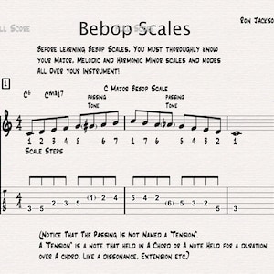 Puede incluir: Una partitura musical titulada "Bebop Scales" con notas y texto manuscritos. La partitura incluye notación musical, pasos de escala y tablatura de guitarra. El texto explica las escalas bebop y los tonos de paso. El nombre del autor, Ron Jackson, está en la esquina superior derecha.