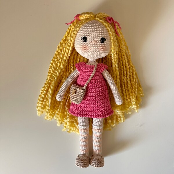 Crochet baby girl doll long hair baby doll handmade natural toy for birthday gift on sale cuddle doll