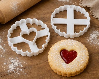Lot de 2 Emporte-pièces  Linzer 6,3cm - Cœur et Rond Cannelé  pour Biscuits Fourrés