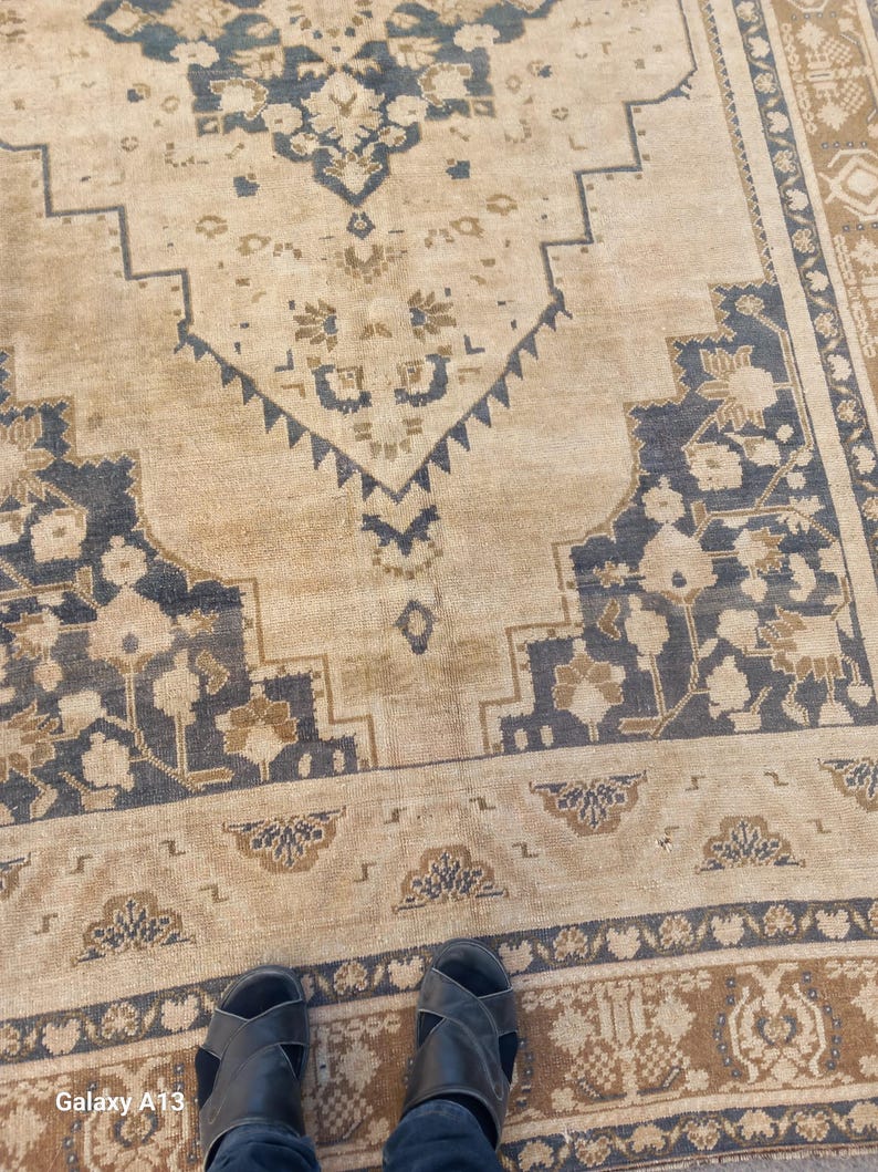 May include: A beige and navy blue patterned rug with a distressed look. The rug features a central medallion design and floral motifs. The border has a repeating pattern. The rug is rectangular and appears to be made of woven material.