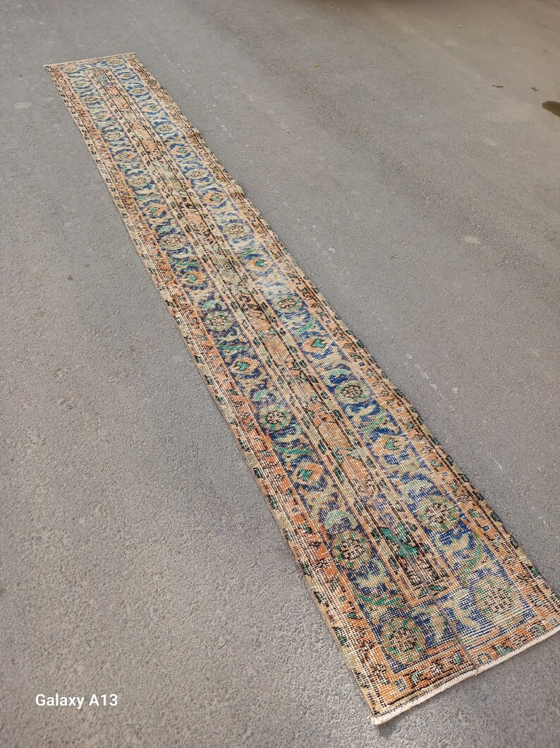 2x12 Blue Pink Green Patchwork Runner Rug, 2x12 Handmade Oushak Runner ...