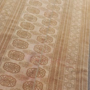 Puede incluir: Una alfombra beige y marrón estampada con un diseño ovalado repetitivo. La alfombra tiene rayas verticales a lo largo de los bordes y un campo central con el patrón repetitivo. La alfombra parece estar hecha de un material tejido.