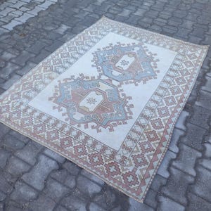 4x6 Rug,4x6 Vintage Rug,Area Rugs, White Green Rug,4x6 Turkish Area Rug, Floor Carpet, Bedroom Livingroom Kitchen Rugs,Wool Rug, 4.4x5.8 ft image 2