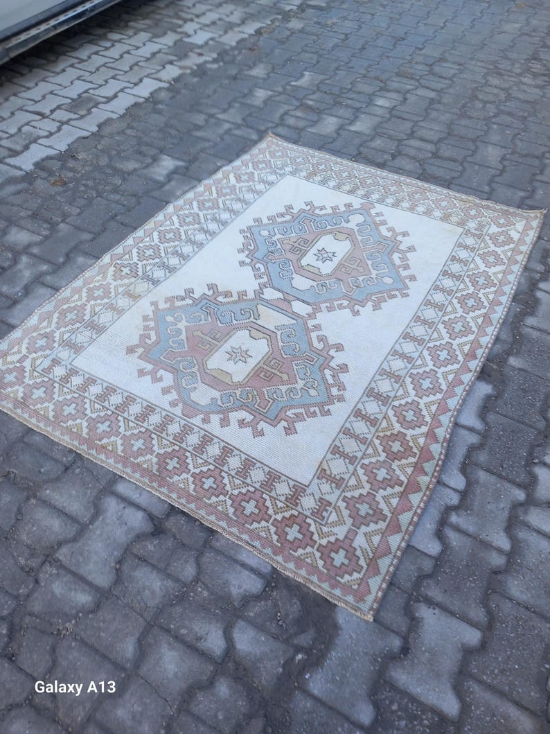 4x6 Rug,4x6 Vintage Rug,Area Rugs, White Green Rug,4x6 Turkish Area Rug, Floor Carpet, Bedroom Livingroom Kitchen Rugs,Wool Rug, 4.4x5.8 ft image 2