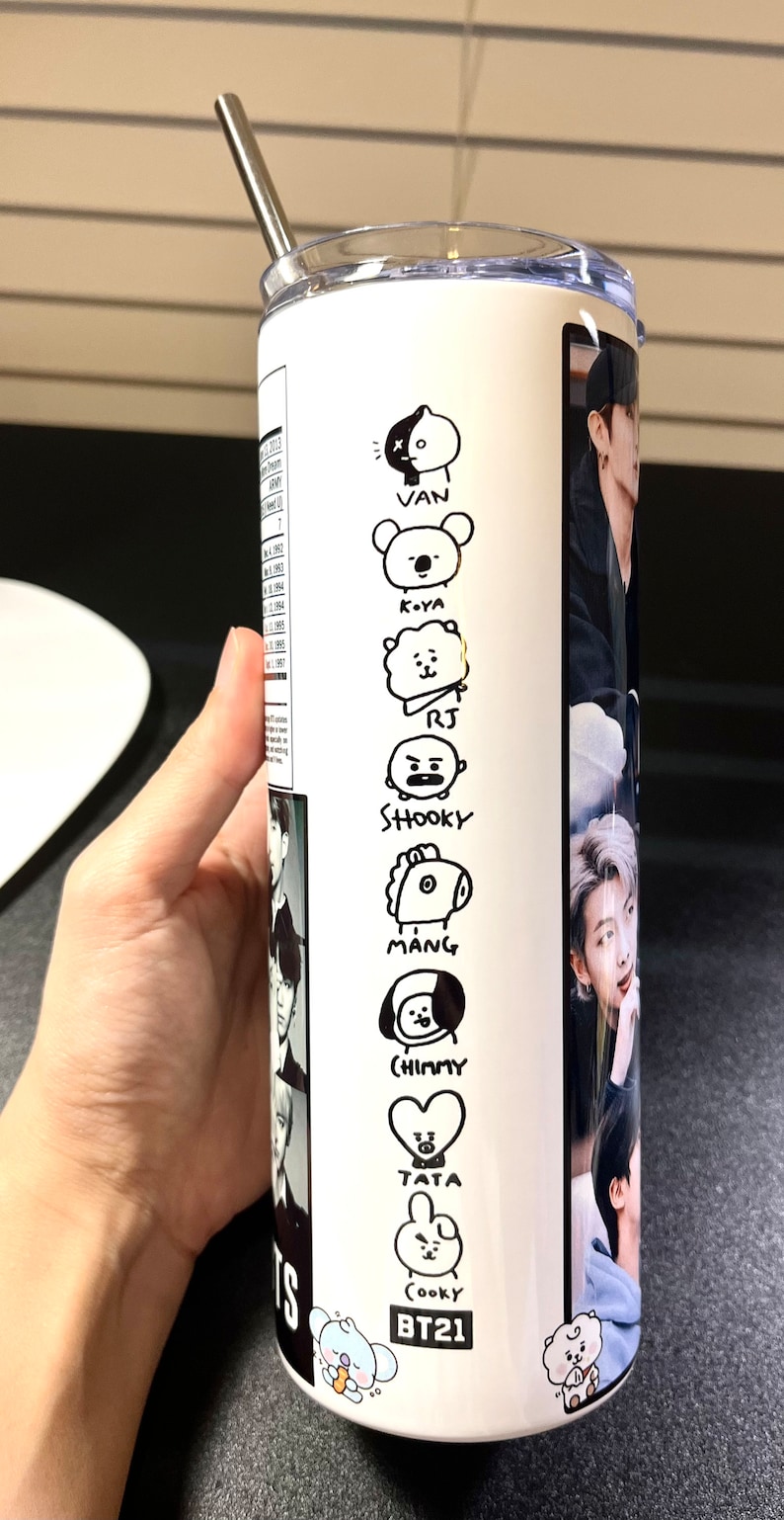 Angepasster Bangtan Becher, BTS Becher, BTS Becher Merch, BT21 Becher, personalisierte BTS Tasse, 20 Unzen Skinny Straight mit Metallstrohhalm Bild 4