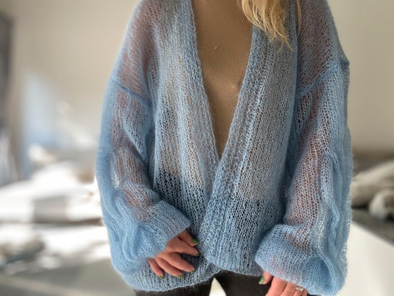 Blue Mohair Cardigan, Oversized Light Blue Cardigan, Balloon Blue Mohair Cardigan, Oversized Light Blue Cardigan, Balloon