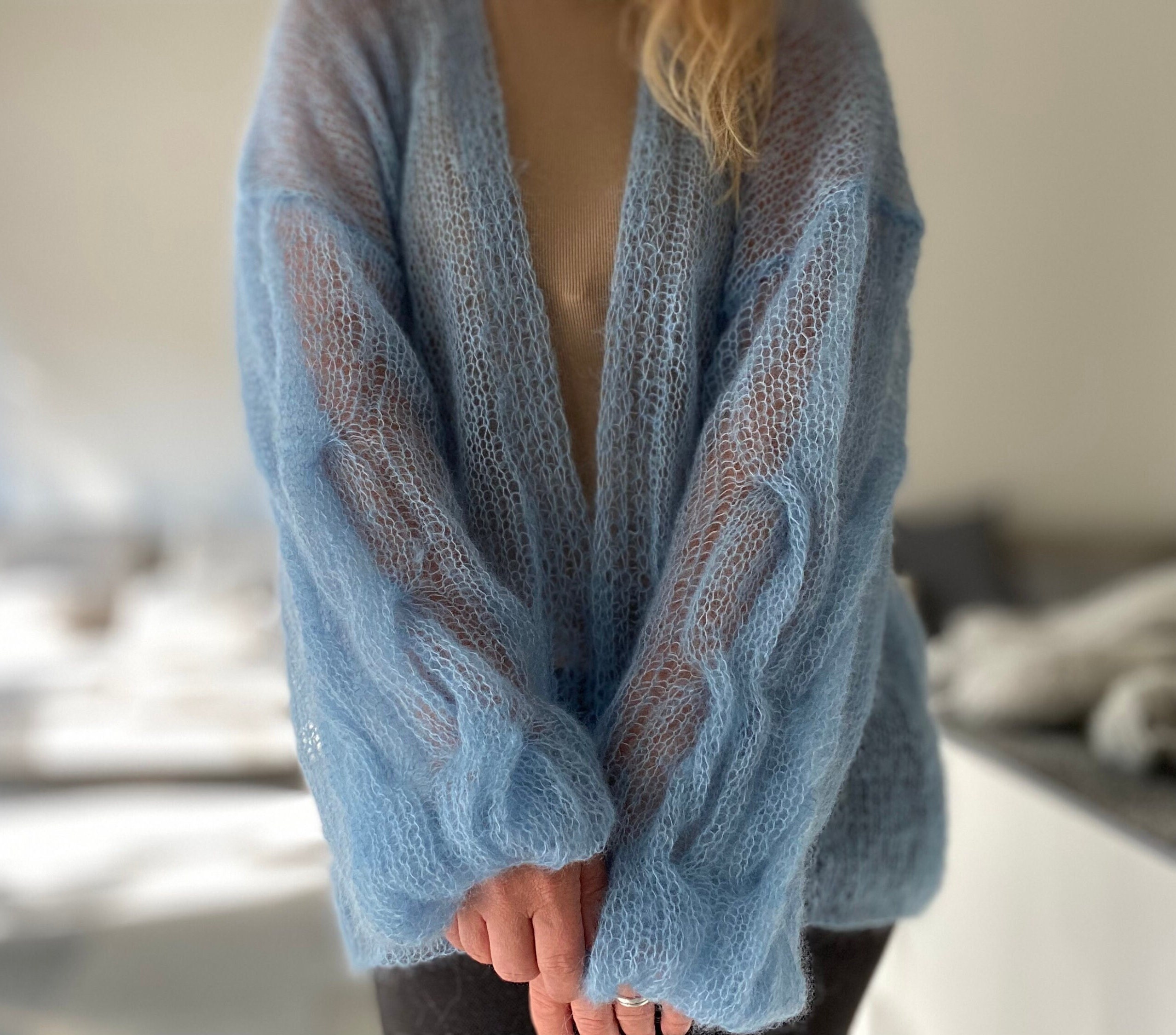 mohair cardigan, oversized light blue cardigan, puff sleeve cardigan