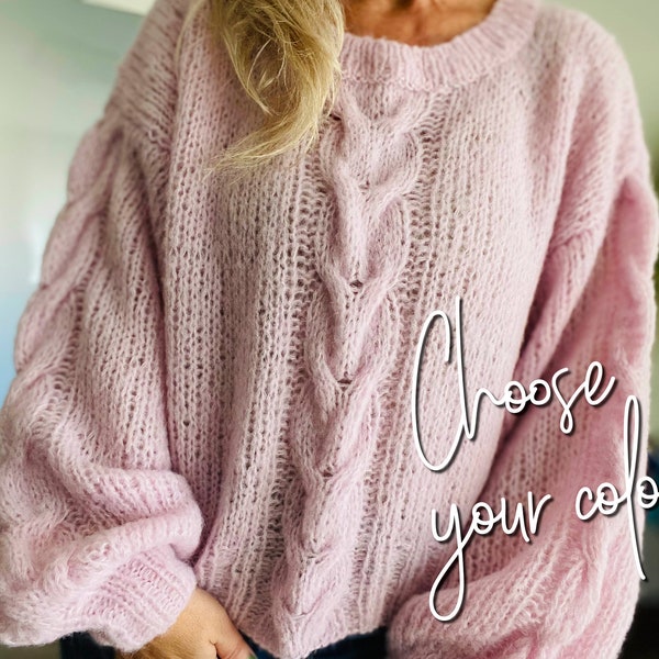 pink woolen sweater women, cable knit puff sleeve sweater, light pink hand knit pullower, alpaca silk sweater, made to order