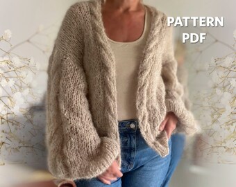 Patrón de cárdigan de punto fácil de gran tamaño, cárdigan con mangas abullonadas, cárdigan de punto trenzado, cárdigan de mujer con cable, patrón de cárdigan de talla única
