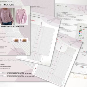Puede incluir: Un patr&oacute;n de tejido detallado para un su&eacute;ter oversize. El patr&oacute;n incluye una muestra de tejido, una lista de materiales y diagramas esquem&aacute;ticos. El su&eacute;ter se muestra en un color rosa suave. Las medidas est&aacute;n en cent&iacute;metros.