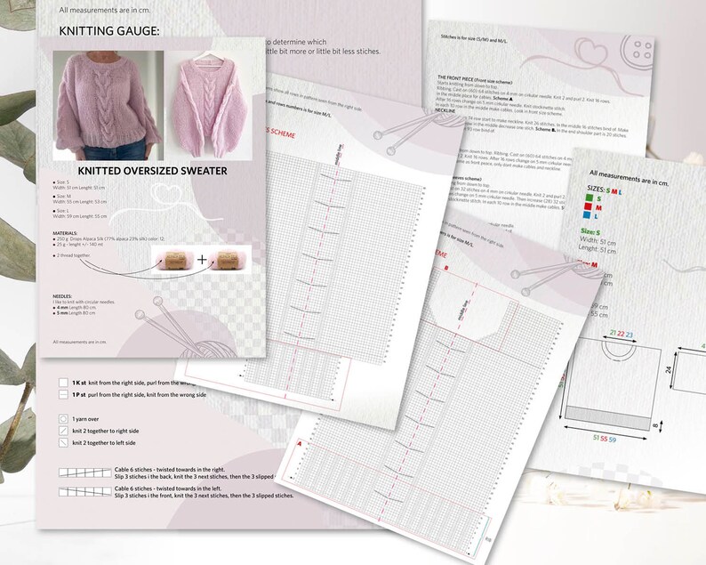 Puede incluir: Un patr&oacute;n de tejido detallado para un su&eacute;ter oversize. El patr&oacute;n incluye una muestra de tejido, una lista de materiales y diagramas esquem&aacute;ticos. El su&eacute;ter se muestra en un color rosa suave. Las medidas est&aacute;n en cent&iacute;metros.
