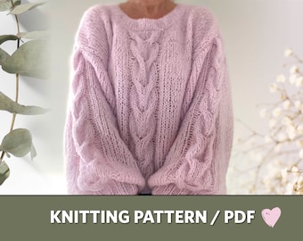 Easy Knit Sweater Pattern, Turtleneck Sweater, Pink Cables