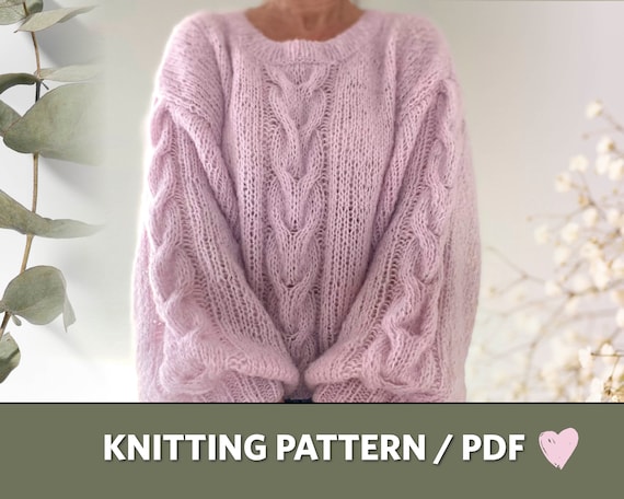 Easy Knit Sweater Pattern, Turtleneck Sweater, Pink Cables
