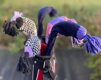 individual knitted golf club head covers with tassel / navy blue purple striped golf head covers / driver / fairway wood / hybrid covers