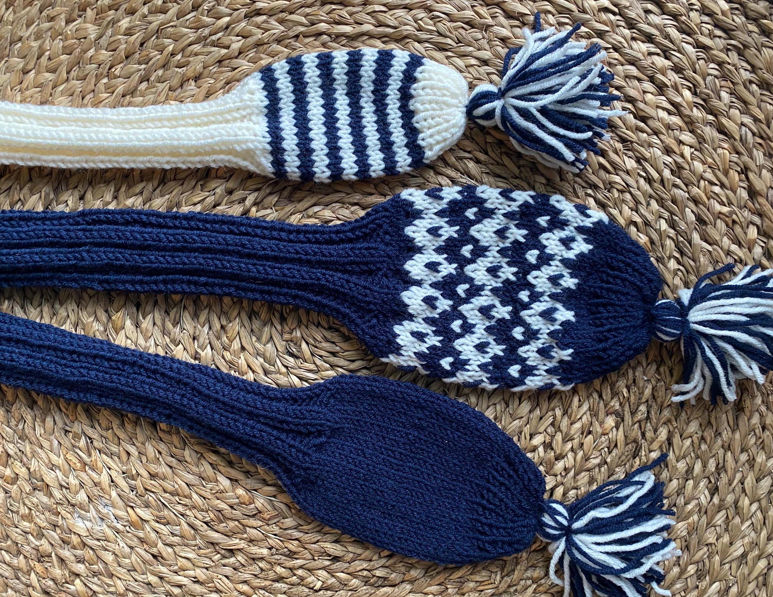 Navy Blue Striped Knitted Golf Club Head Covers, Handmade Golf 
