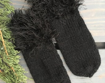 black woolen gloves, black mittens, fluffy wool womens mittens, hand knit women gloves, warmly soft mittens, women gloves, handwarmers