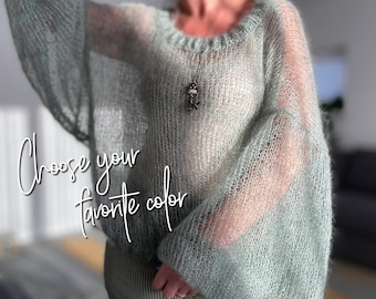 mohair big balloon sleeves sheer sweater, hand knit loose knit pullover, mohair loose knit oversized sweater, pastel color sweater