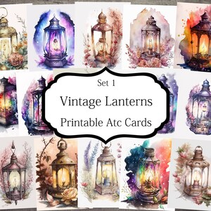 Tarjetas ATC de linternas vintage, tarjetas de diario basura, papel digital, tarjetas de diario imprimibles, descarga digital, scrapbooking, efímera, artesanía