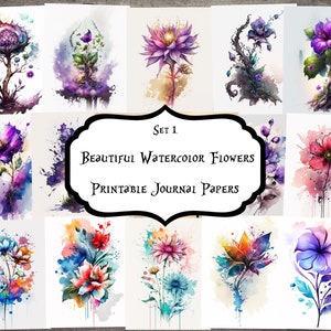 Bellissimi documenti con fiori ad acquerello, pagine di scrapbooking, pagine di diario spazzatura, oggetti effimeri, diari spazzatura, forniture per album di ritagli, carta digitale, artigianato