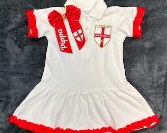 England World Cup 2026 Girls Dress | Personalised Football Dress | England Outfit | Kids Football Dress | Embrioded HAIR BOW INCLUDED