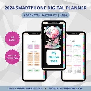 Peut inclure: Un planificateur numérique pour smartphone avec un design floral aquarelle. Le planificateur est compatible avec les applications Goodnotes, Notability et Xodo. Il comprend 385 pages, un calendrier mensuel et des sections de notes. Le planificateur est entièrement hyperlié et fonctionne sur les appareils Android et iOS.