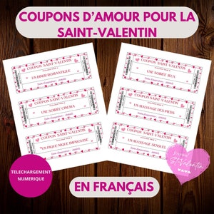 Coupons d'amour Saint-Valentin, bons cadeaux, pour lui, pour elle, bon imprimable pour couple, en français, idée cadeau romantique