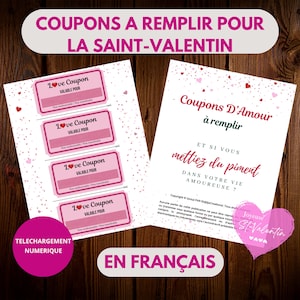 Walentynkowe kupony miłosne, puste bony do wypełnienia, bony podarunkowe, dla niego/niej, voucher do wydrukowania dla pary, w języku francuskim, voucher romantyczny