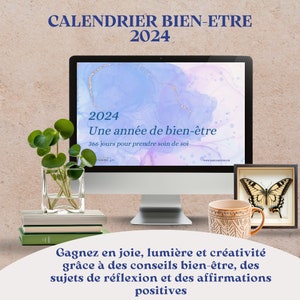 Well-being calendar 2024, self-care, personal development, positive affirmations, journaling, meditation, mindfulness, in French