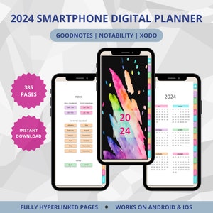 Peut inclure: Planificateur numérique pour smartphone 2024 avec 385 pages, disponible en téléchargement instantané. Compatible avec GoodNotes, Notability et Xodo. Le design comprend un éclaboussement abstrait coloré avec les chiffres 2024.