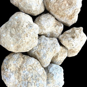 May include: A group of seven large, white, round, geode stones with a rough, textured surface. The stones are clustered together and have a natural, earthy appearance.
