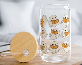 Ghost Reader Iced Coffee Glass Tumbler: Spooky Book Lover Mug (16 oz)