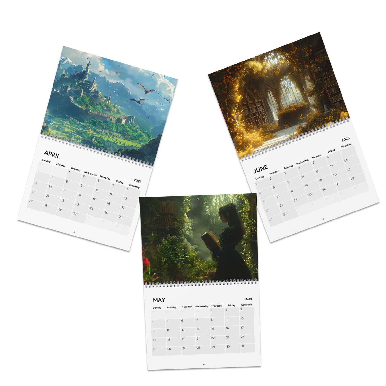 A calendar open to three months of the year depicts different fantastical images: dragons in flight over a castle and a scenic meadow, a library overgrown with trees and vines, and a woman reading a book in a teeming green garden.
