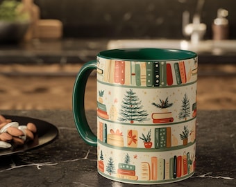 Nordic Winter Bookshelf Coffee Mug: Festive Holiday Bookish Gift