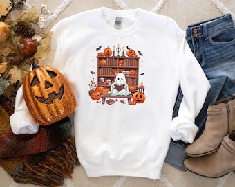 Ghost Bookshelf Sweatshirt: Spooky Halloween Reader Shirt