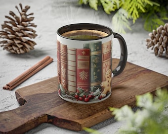 Christmas Bookshelf Coffee Mug, Book Lover Holiday Gift