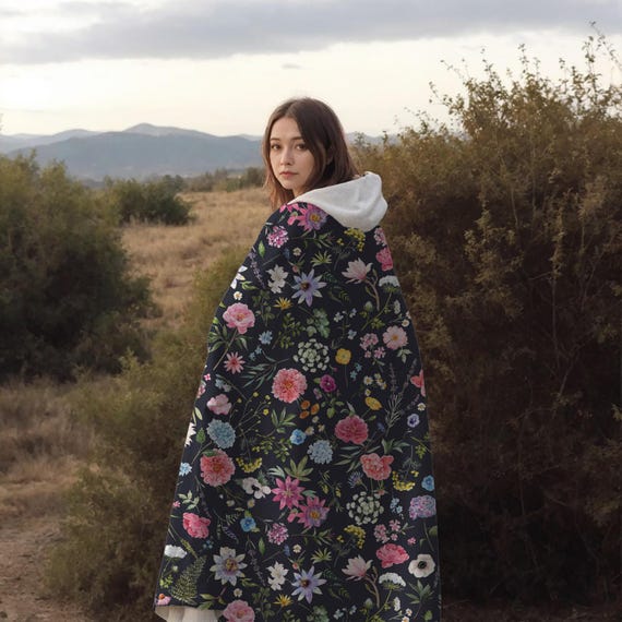 Dark Floral Hooded Sherpa Fleece Blanket: Cozy Reader Snuggie