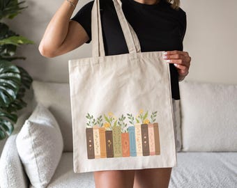Floral Book Tote Bag: Botanical Canvas Library Shopper