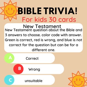 Christian Bible trivia for kids, New Testament trivia, Bible party games, Printable Bible questions, Church games, Sunday school, Bible game