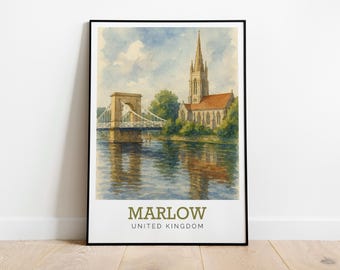 Marlow Bridge - Watercolour Print | Modern Poster | Available in many sizes or Digital Download
