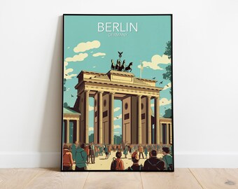 Pode incluir: Um cartaz de viagem de estilo vintage com o Portão de Brandemburgo em Berlim, Alemanha. O cartaz tem um céu azul com nuvens brancas e uma multidão de pessoas em frente ao portão.