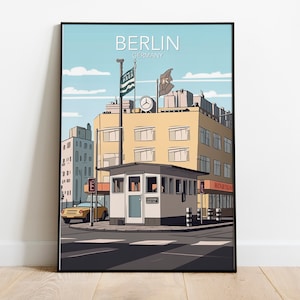 Könnte beinhalten: Eine Illustration im Vintage-Stil eines Gebäudes in Berlin, Deutschland. Das Gebäude ist gelb mit einem Uhrturm und einem Wachhäuschen davor. Der Himmel ist blau mit weißen Wolken. Der Text "BERLIN DEUTSCHLAND" steht oben im Bild.