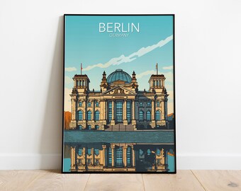 Pode incluir: Um pôster de viagem vintage com uma ilustração colorida do edifício do Reichstag em Berlim, Alemanha. O pôster tem um céu azul com nuvens brancas e o texto "BERLIM ALEMANHA" no topo.