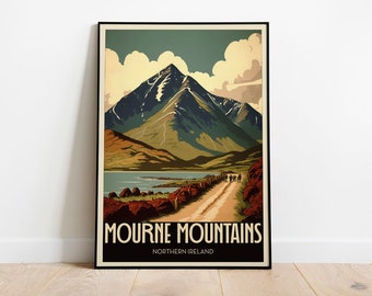 Poster di viaggio vintage delle montagne di Mourne / Stampa artistica retrò da parete / Regalo di viaggio / Senza cornice A5 A4 A3