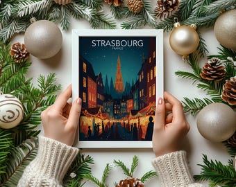 Lámina artística del Mercado Navideño de Estrasburgo: Elegancia navideña francesa