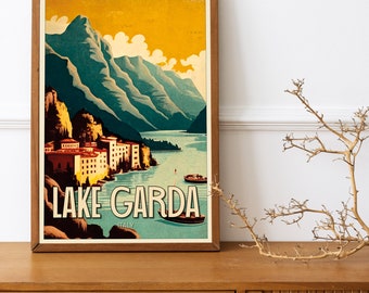 May include: Vintage travel poster featuring a scenic view of Lake Garda in Italy. The poster has a yellow, blue, and green color scheme and features a mountain range, a lake, and a small town.