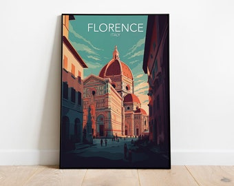 Może przedstawiać: Winietyczny plakat podróżniczy przedstawiający kolorową ilustrację Duomo we Florencji we Włoszech. Plakat zawiera tekst "FLORENCE ITALY" u góry.