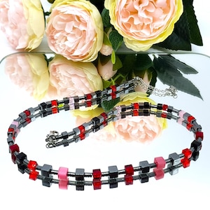 GeoCube style black/red/pink necklace, unique gift ideas, artisan jewellery, hand made jewellery, necklace designs, jewelry collections