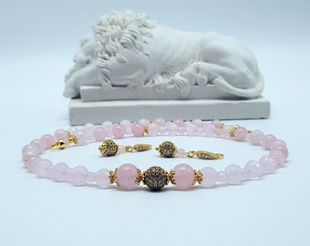 Rose Madagascar Quartz Set: 24K Gold Plated Findings, Zirconia Crystals